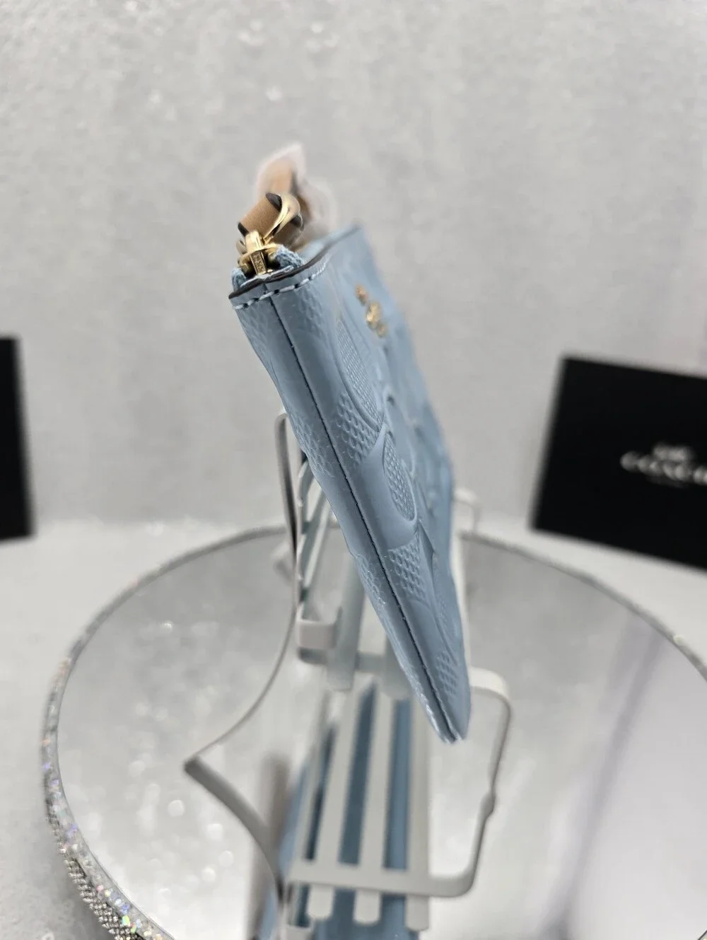 Coach Light Blue Pearlized Signature Patent Leather Wristlet Pouch